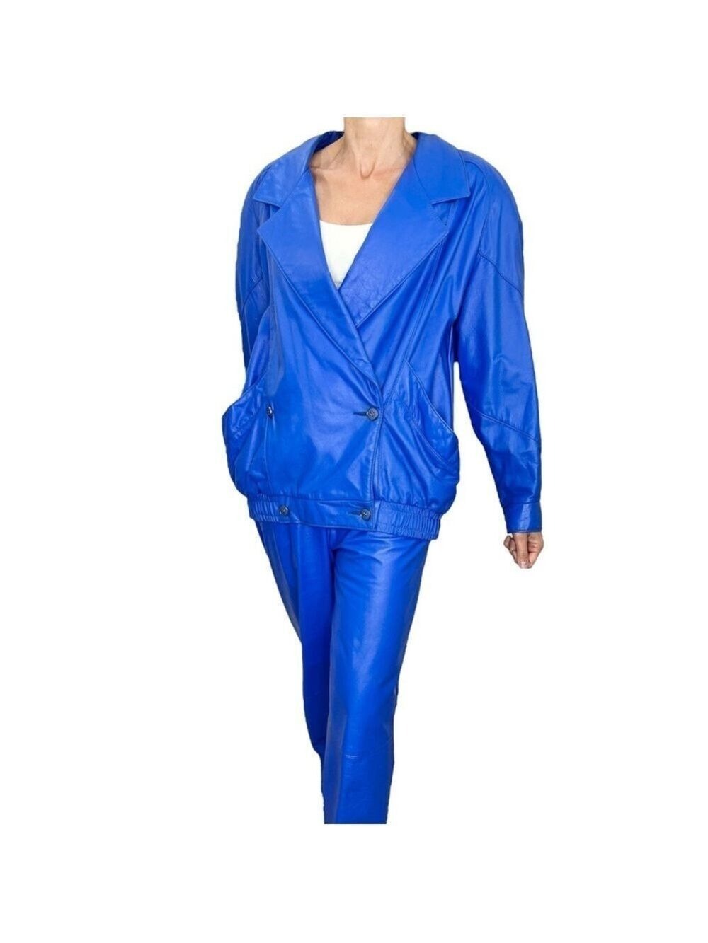 Vintage 80s genuine leather blue padded shoulder batwing bomber pant suit set 14